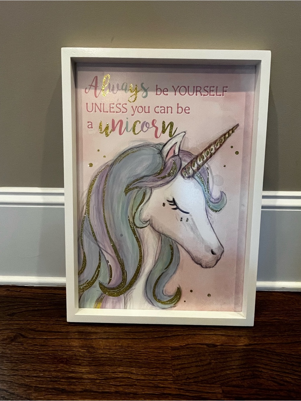 Unicorn Wall Art Print in Pink Pastel gray, lavender, gold glitter accents white